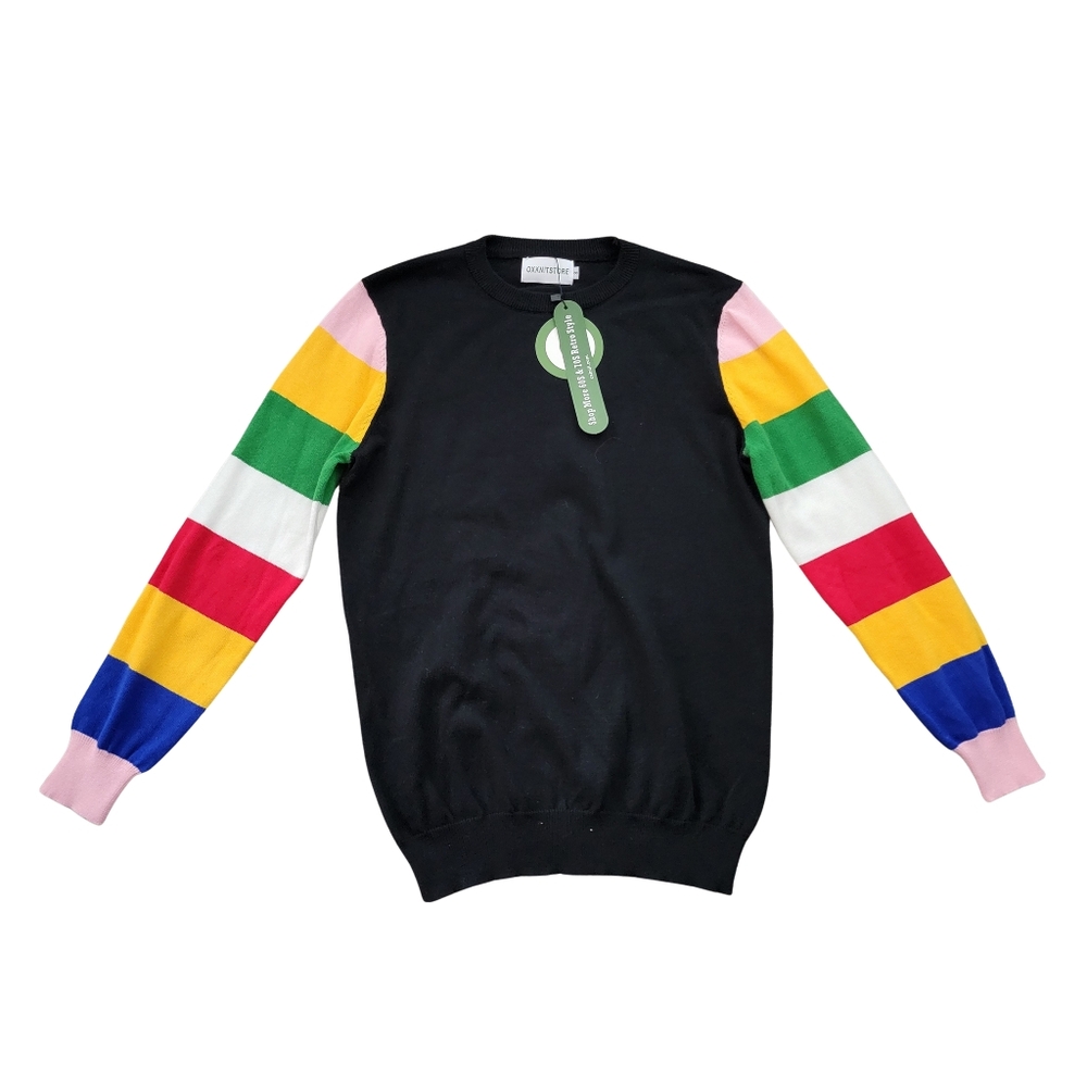 Oxknit Sweater Womens S Rainbow Stripe Black Retro 70s 80s Cotton Colorful Mod - Picture 2 of 4